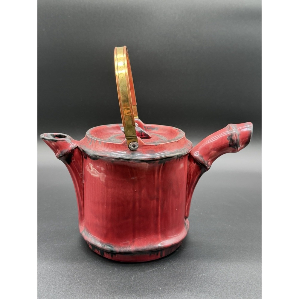 Vintage Red Black Drip Glaze Ceramic Teapot Brass Handle Studio Art Pottery Rare